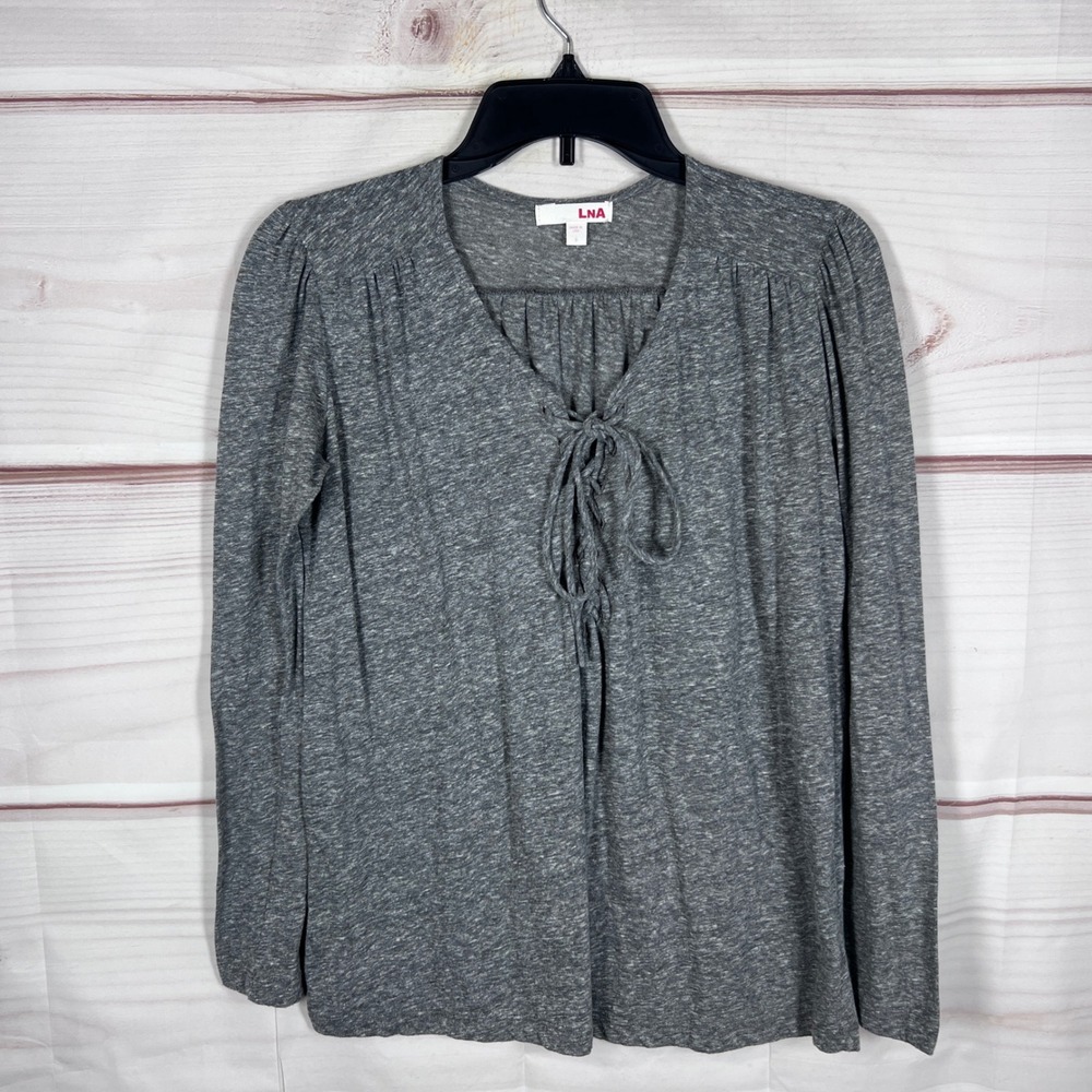 LNA Top Women Small Gray Lace Up V-Neck Long Sleeve Slub Knit Casual T-Shirt